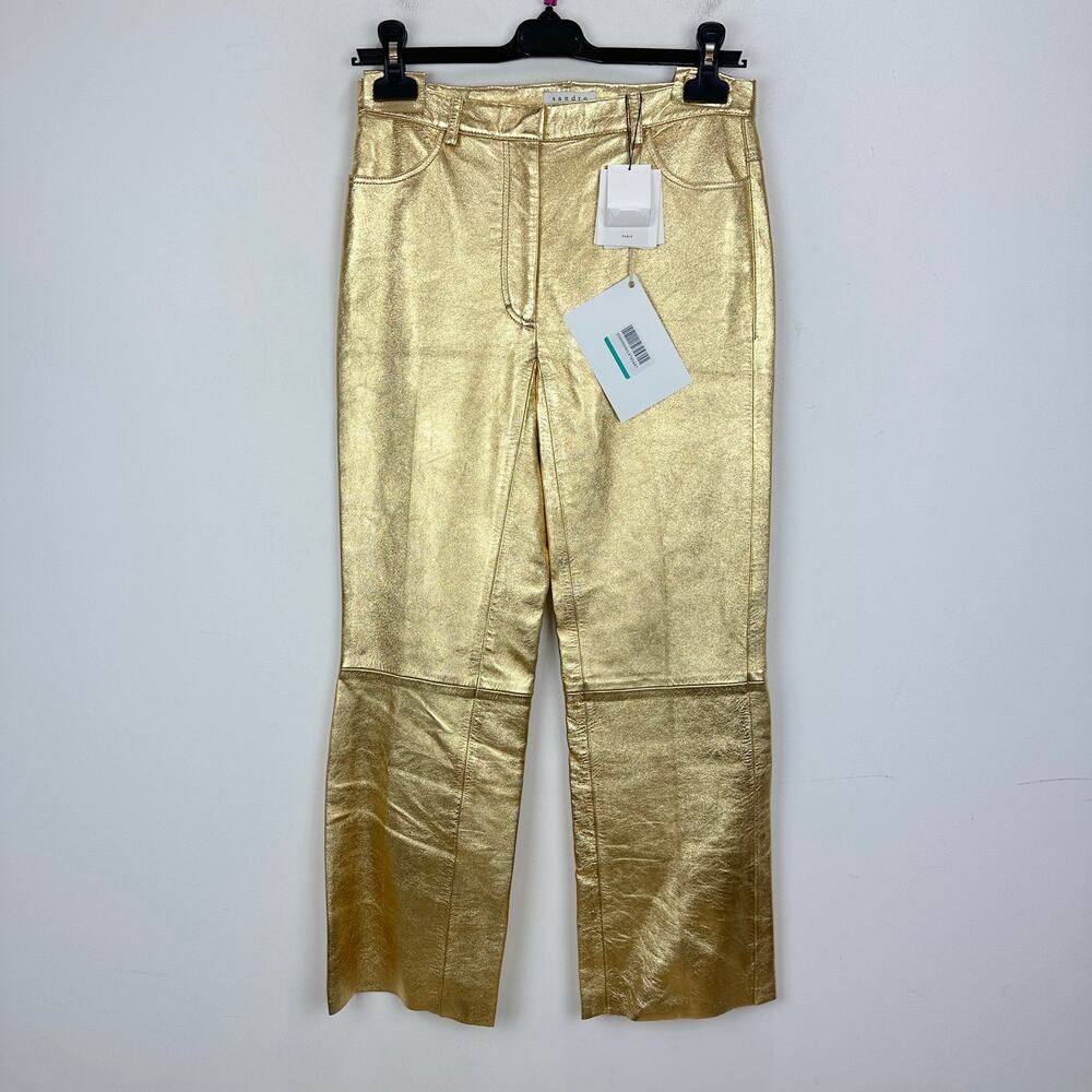 Sandro Metallic Lambskin Leather Kick Flare Pants Gold Ankle Crop FR 36 US 4 NWT - Picture 6 of 16